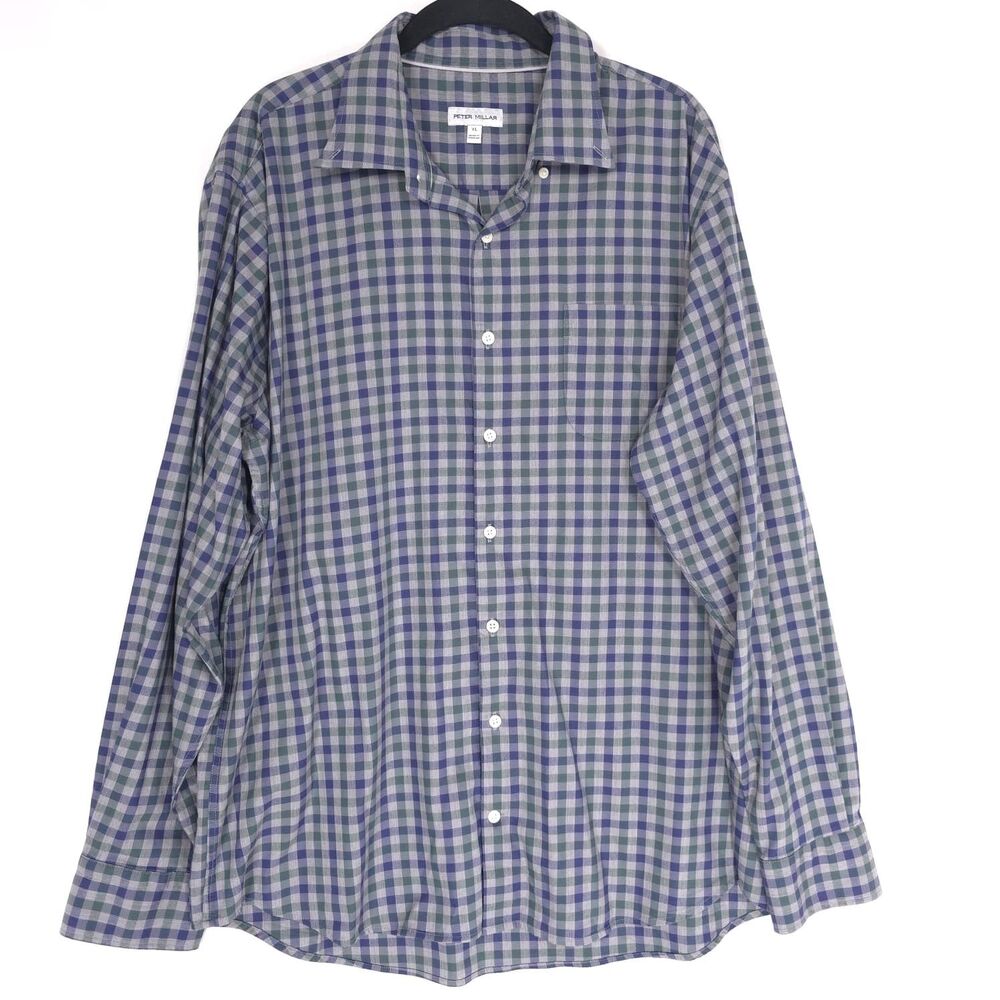 PETER MILLAR Blue Green XL Check Stretch Shirt Cotton Blend Long‎ Sleeve